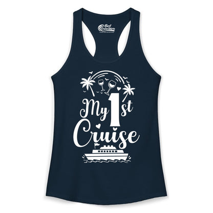 My First Cruise Shirt - Tropical Cruise Vacation Party Apparel (Ladies Tank) in Solid Midnight Navy - My First Cruise Shirt - Palm Trees Wine Glasses Tropical Party Design