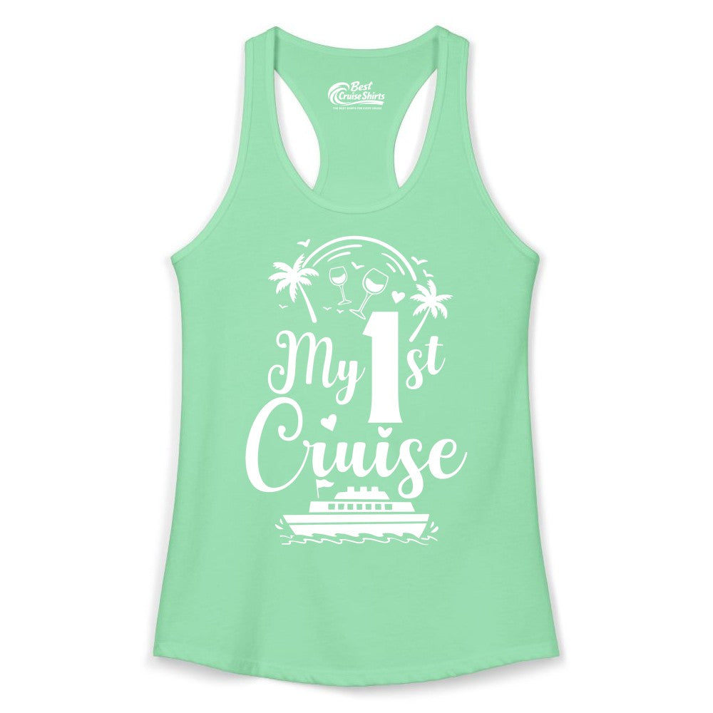 My First Cruise Shirt - Tropical Cruise Vacation Party Apparel (Ladies Tank) in Solid Mint - My First Cruise Shirt - Palm Trees Wine Glasses Tropical Party Design