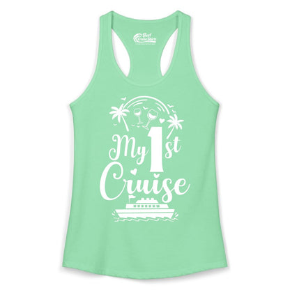 My First Cruise Shirt - Tropical Cruise Vacation Party Apparel (Ladies Tank) in Solid Mint - My First Cruise Shirt - Palm Trees Wine Glasses Tropical Party Design