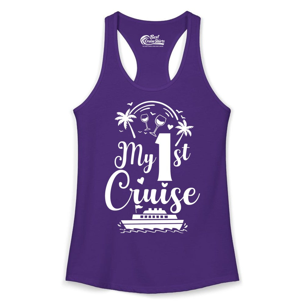 My First Cruise Shirt - Tropical Cruise Vacation Party Apparel (Ladies Tank) in Solid Purple Rush - My First Cruise Shirt - Palm Trees Wine Glasses Tropical Party Design