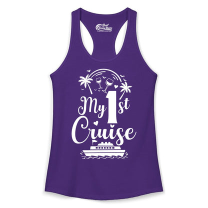 My First Cruise Shirt - Tropical Cruise Vacation Party Apparel (Ladies Tank) in Solid Purple Rush - My First Cruise Shirt - Palm Trees Wine Glasses Tropical Party Design