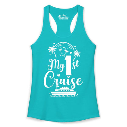 My First Cruise Shirt - Tropical Cruise Vacation Party Apparel (Ladies Tank) in Tahiti Blue - My First Cruise Shirt - Palm Trees Wine Glasses Tropical Party Design