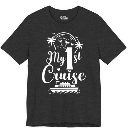 My First Cruise Shirt - Tropical Cruise Vacation Party Apparel (Premium Tee) in Dark Grey Heather - My First Cruise Shirt - Palm Trees Wine Glasses Tropical Party Design