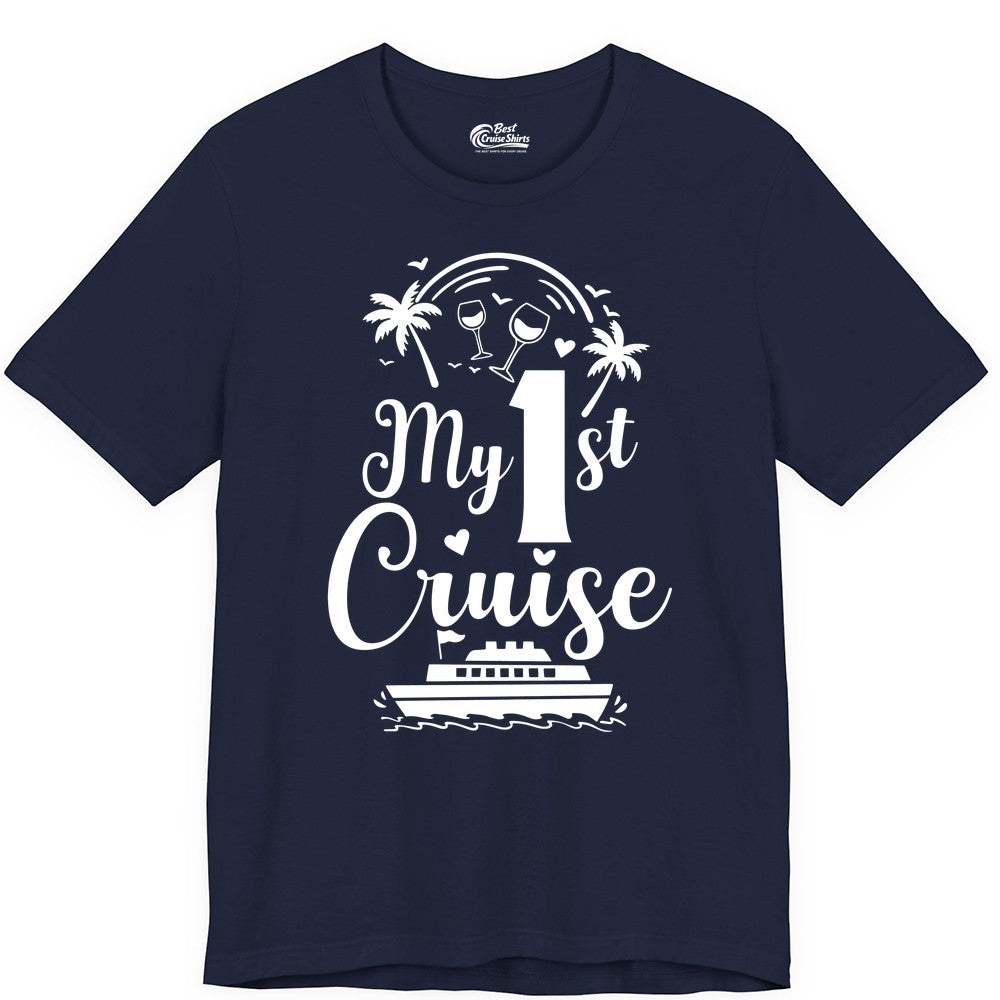 My First Cruise Shirt - Tropical Cruise Vacation Party Apparel (Premium Tee) in Navy - My First Cruise Shirt - Palm Trees Wine Glasses Tropical Party Design