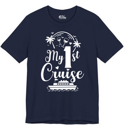 My First Cruise Shirt - Tropical Cruise Vacation Party Apparel (Premium Tee) in Navy - My First Cruise Shirt - Palm Trees Wine Glasses Tropical Party Design