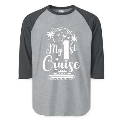 My First Cruise Shirt - Tropical Cruise Vacation Party Apparel (Raglan) in Heather GreyHeather Charcoal - My First Cruise Shirt - Palm Trees Wine Glasses Tropical Party Design