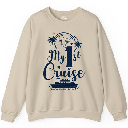 My First Cruise Shirt - Tropical Cruise Vacation Party Apparel (Sweatshirt) in Sand - My First Cruise Shirt - Palm Trees Wine Glasses Tropical Party Design