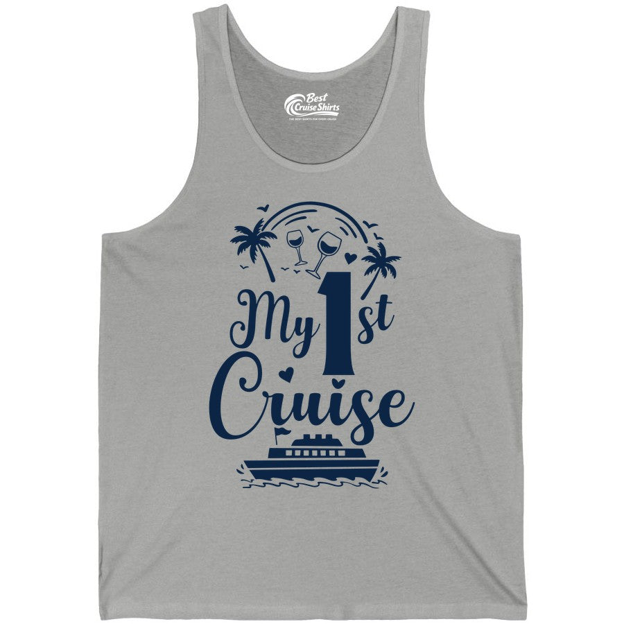 My First Cruise Shirt - Tropical Cruise Vacation Party Apparel (Tank Top) in Athletic Heather - My First Cruise Shirt - Palm Trees Wine Glasses Tropical Party Design