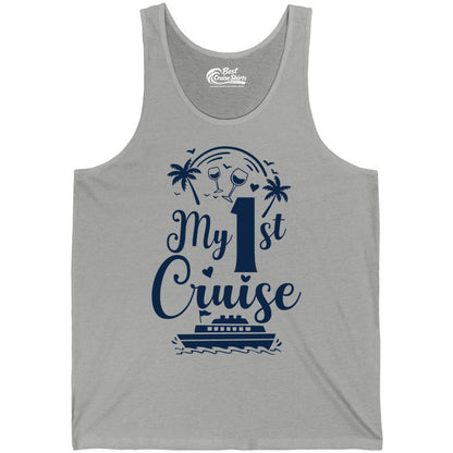 My First Cruise Shirt - Tropical Cruise Vacation Party Apparel (Tank Top) in Athletic Heather - My First Cruise Shirt - Palm Trees Wine Glasses Tropical Party Design