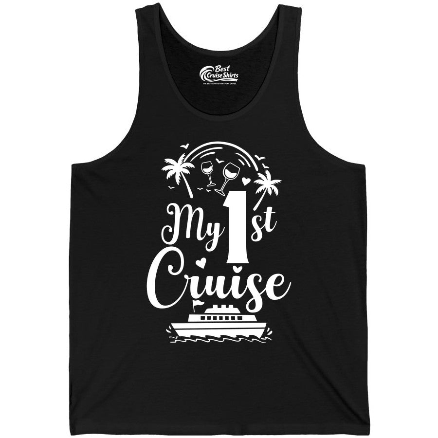 My First Cruise Shirt - Tropical Cruise Vacation Party Apparel (Tank Top) in Black - My First Cruise Shirt - Palm Trees Wine Glasses Tropical Party Design
