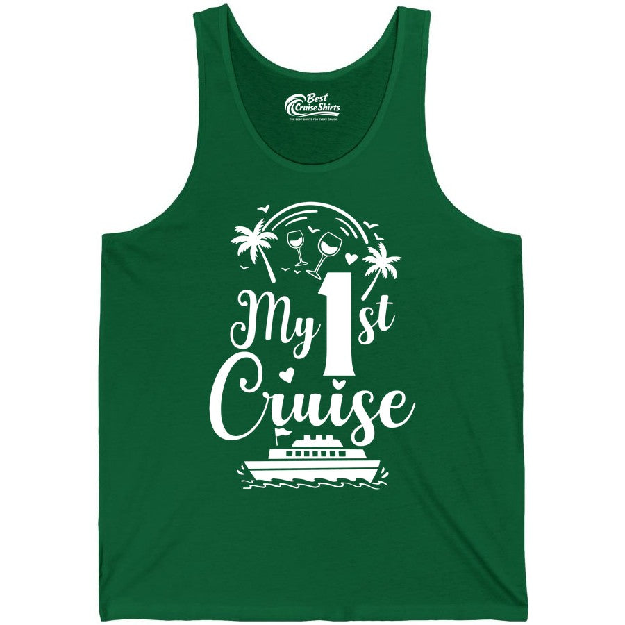 My First Cruise Shirt - Tropical Cruise Vacation Party Apparel (Tank Top) in Kelly - My First Cruise Shirt - Palm Trees Wine Glasses Tropical Party Design