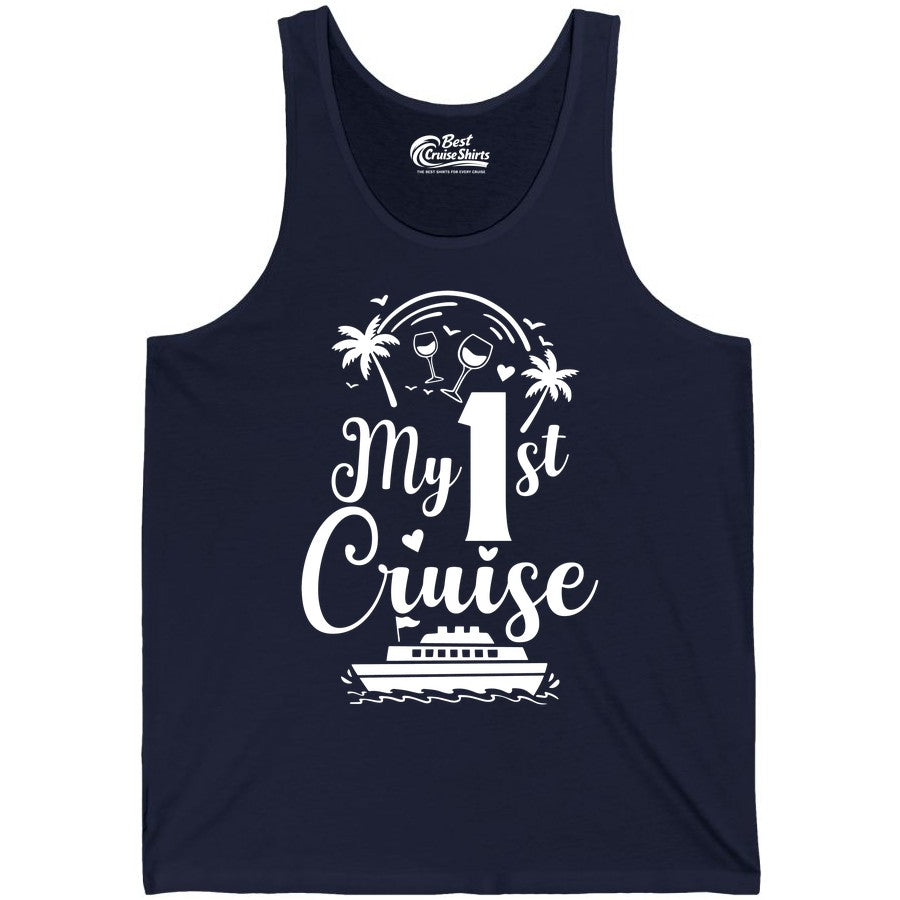 My First Cruise Shirt - Tropical Cruise Vacation Party Apparel (Tank Top) in Navy - My First Cruise Shirt - Palm Trees Wine Glasses Tropical Party Design