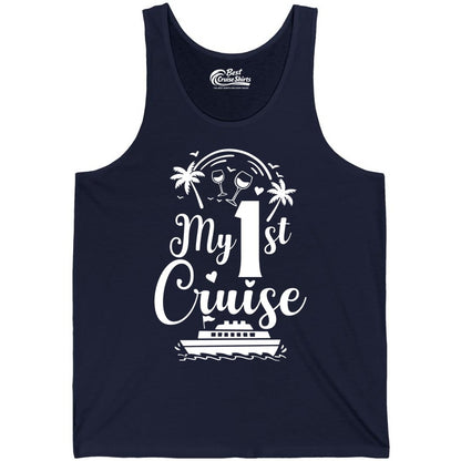 My First Cruise Shirt - Tropical Cruise Vacation Party Apparel (Tank Top) in Navy - My First Cruise Shirt - Palm Trees Wine Glasses Tropical Party Design