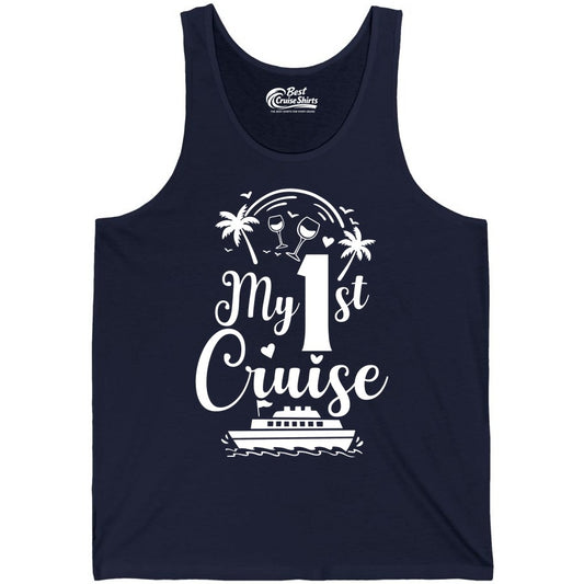 My First Cruise Shirt - Tropical Cruise Vacation Party Apparel (Tank Top) in Navy - My First Cruise Shirt - Palm Trees Wine Glasses Tropical Party Design