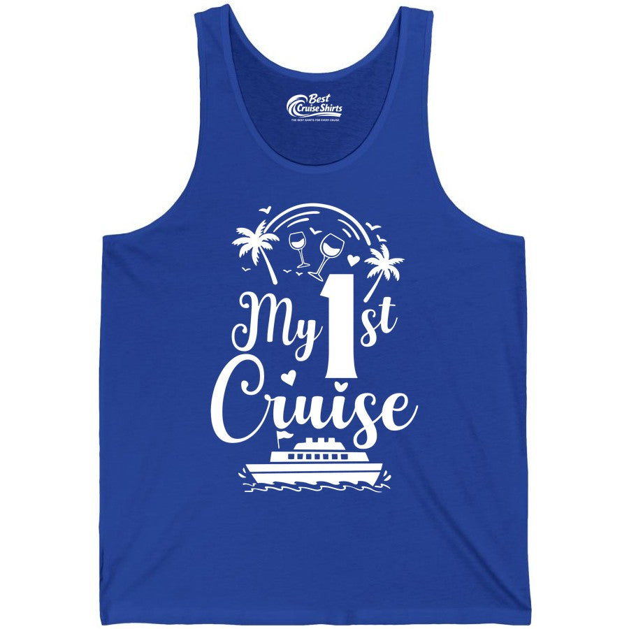My First Cruise Shirt - Tropical Cruise Vacation Party Apparel (Tank Top) in True Royal - My First Cruise Shirt - Palm Trees Wine Glasses Tropical Party Design