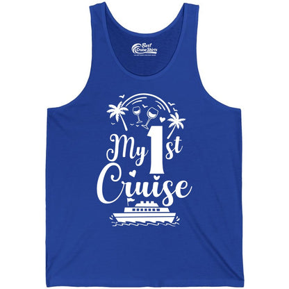 My First Cruise Shirt - Tropical Cruise Vacation Party Apparel (Tank Top) in True Royal - My First Cruise Shirt - Palm Trees Wine Glasses Tropical Party Design