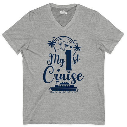 My First Cruise Shirt - Tropical Cruise Vacation Party Apparel (V-Neck) in Athletic Heather - My First Cruise Shirt - Palm Trees Wine Glasses Tropical Party Design