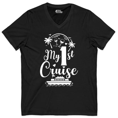 My First Cruise Shirt - Tropical Cruise Vacation Party Apparel (V-Neck) in Black - My First Cruise Shirt - Palm Trees Wine Glasses Tropical Party Design