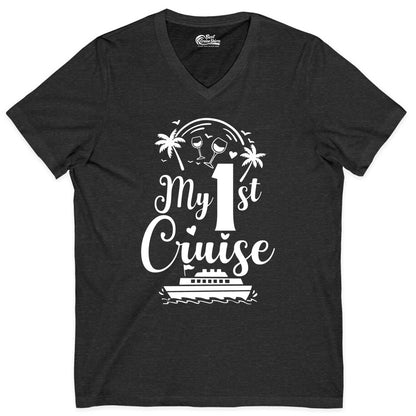 My First Cruise Shirt - Tropical Cruise Vacation Party Apparel (V-Neck) in Dark Grey Heather - My First Cruise Shirt - Palm Trees Wine Glasses Tropical Party Design