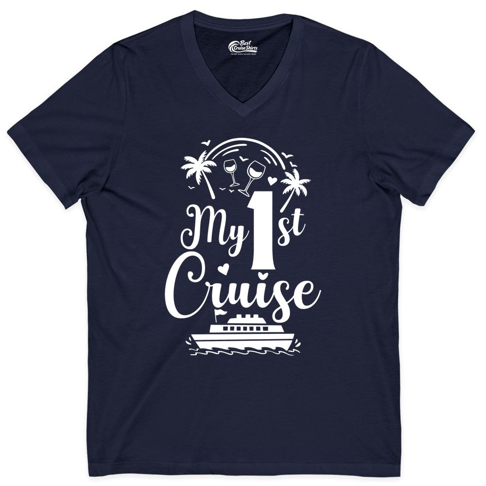 My First Cruise Shirt - Tropical Cruise Vacation Party Apparel (V-Neck) in Navy - My First Cruise Shirt - Palm Trees Wine Glasses Tropical Party Design