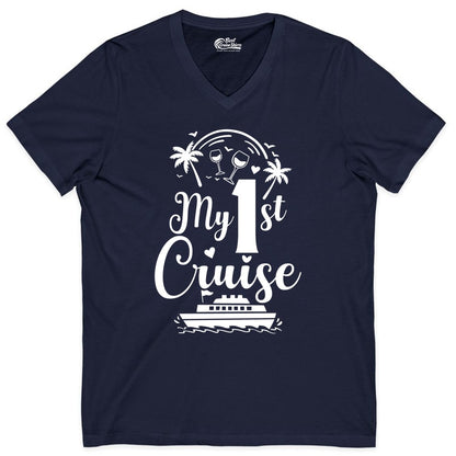 My First Cruise Shirt - Tropical Cruise Vacation Party Apparel (V-Neck) in Navy - My First Cruise Shirt - Palm Trees Wine Glasses Tropical Party Design