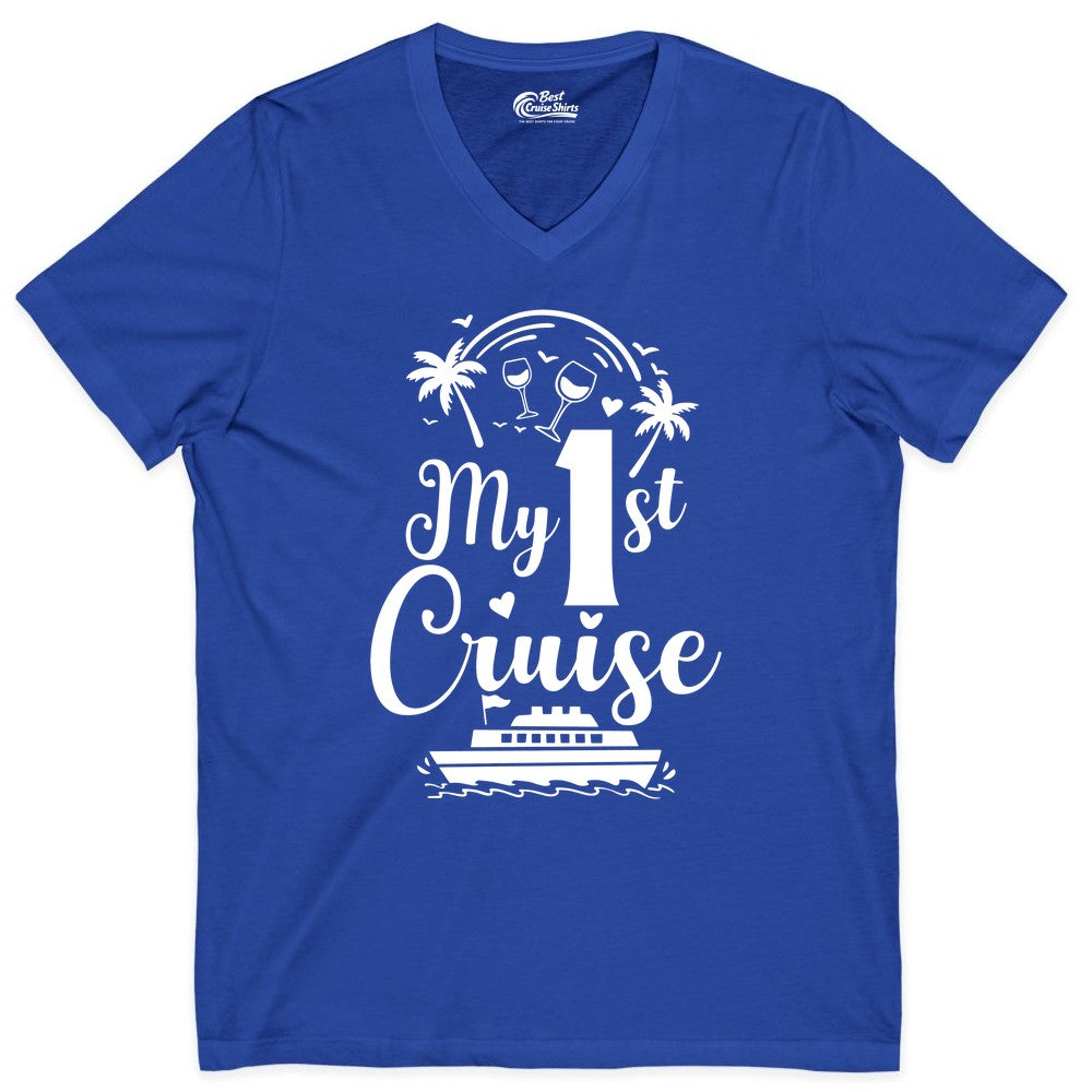 My First Cruise Shirt - Tropical Cruise Vacation Party Apparel (V-Neck) in True Royal - My First Cruise Shirt - Palm Trees Wine Glasses Tropical Party Design