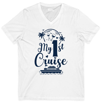My First Cruise Shirt - Tropical Cruise Vacation Party Apparel (V-Neck) in White - My First Cruise Shirt - Palm Trees Wine Glasses Tropical Party Design