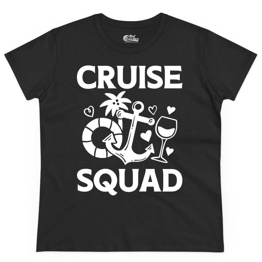 Cruise Squad Shirt - Funny Cruise Group Shirt for Vacation Parties (Ladies Tee) in Black - Cruise Squad Shirt - Fun Nautical Anchor Wine Glass Group Party Tee