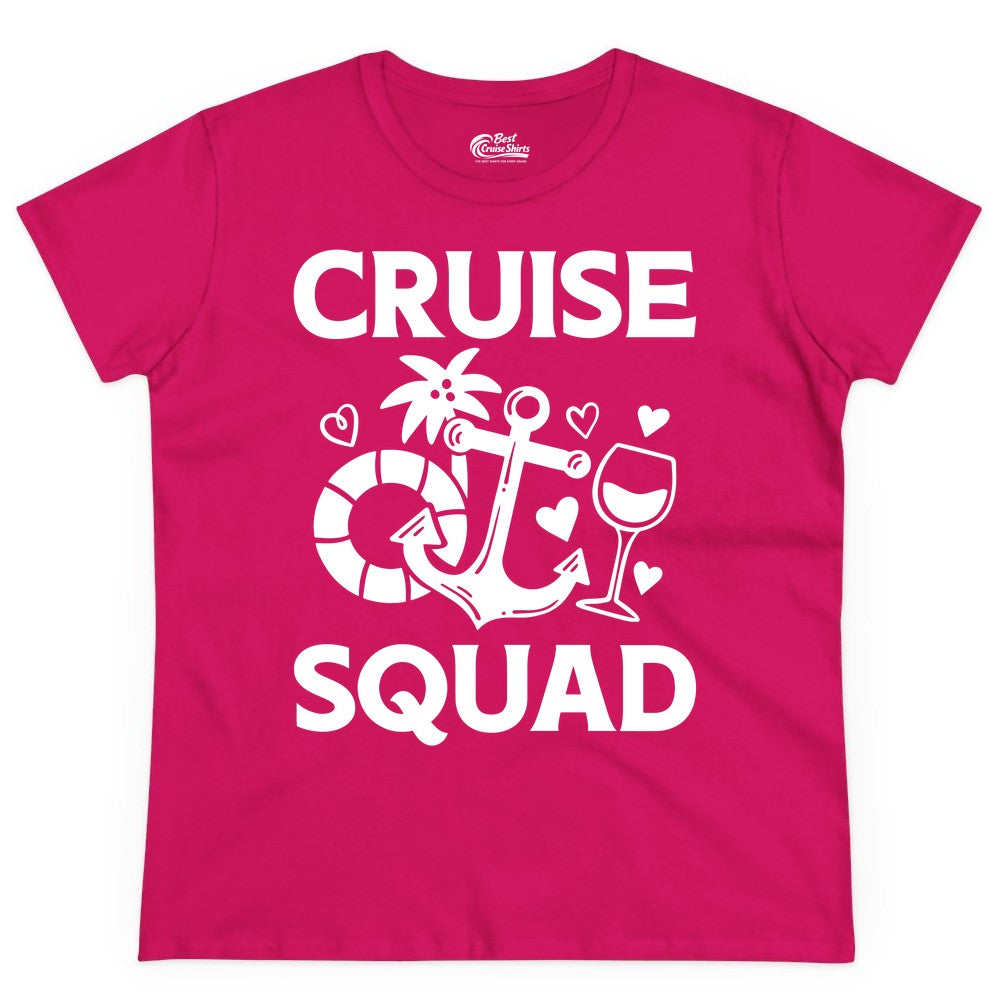 Cruise Squad Shirt - Funny Cruise Group Shirt for Vacation Parties (Ladies Tee) in Heliconia - Cruise Squad Shirt - Fun Nautical Anchor Wine Glass Group Party Tee