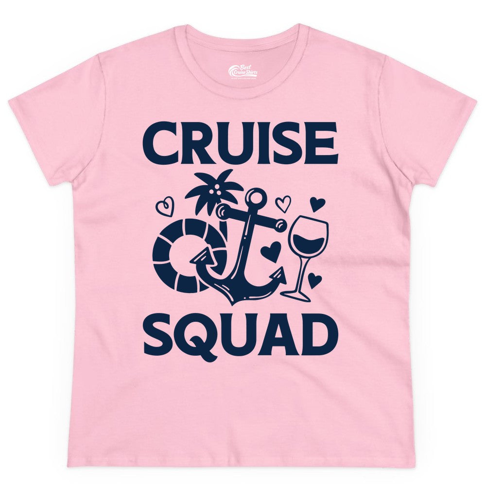 Cruise Squad Shirt - Funny Cruise Group Shirt for Vacation Parties (Ladies Tee) in Light Pink - Cruise Squad Shirt - Fun Nautical Anchor Wine Glass Group Party Tee