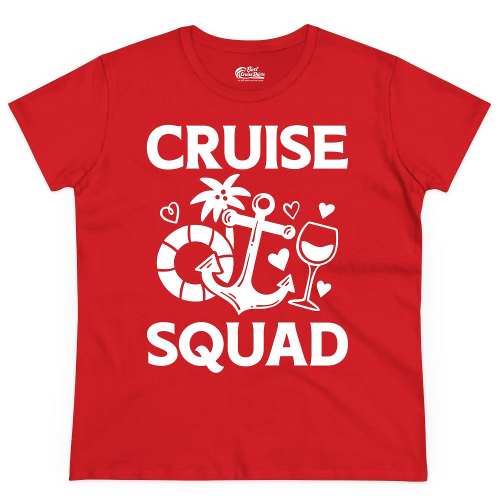 Cruise Squad Shirt - Funny Cruise Group Shirt for Vacation Parties (Ladies Tee) in Red - Cruise Squad Shirt - Fun Nautical Anchor Wine Glass Group Party Tee