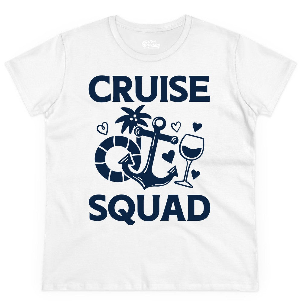 Cruise Squad Shirt - Funny Cruise Group Shirt for Vacation Parties (Ladies Tee) in White - Cruise Squad Shirt - Fun Nautical Anchor Wine Glass Group Party Tee