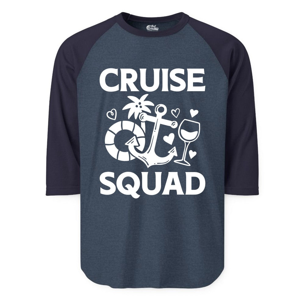 Cruise Squad Shirt - Funny Cruise Group Shirt for Vacation Parties (Raglan) in Heather DenimNavy - Cruise Squad Shirt - Fun Nautical Anchor Wine Glass Group Party Tee