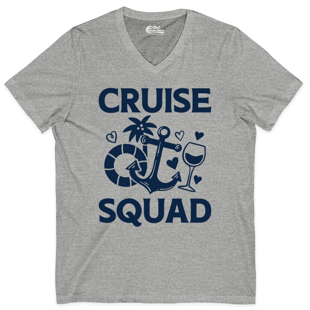 Cruise Squad Shirt - Funny Cruise Group Shirt for Vacation Parties (V-Neck) in Athletic Heather - Cruise Squad Shirt - Fun Nautical Anchor Wine Glass Group Party Tee