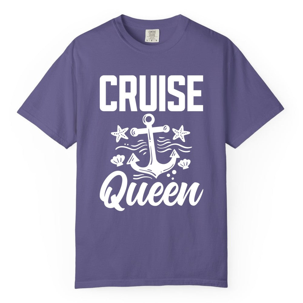 Cruise Queen Shirt - Nautical Anchor & Starfish Fun Cruise Shirt (Comfort Color) in Grape - Cruise Queen Shirt - Nautical Anchor and Starfish Graphic Tee