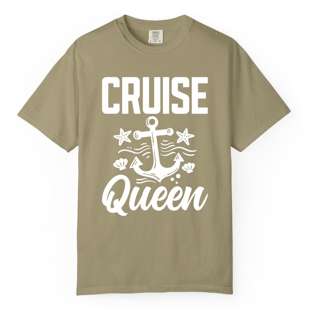 Cruise Queen Shirt - Nautical Anchor & Starfish Fun Cruise Shirt (Comfort Color) in Khaki - Cruise Queen Shirt - Nautical Anchor and Starfish Graphic Tee
