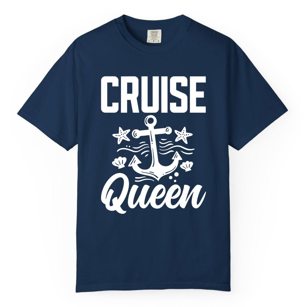 Cruise Queen Shirt - Nautical Anchor & Starfish Fun Cruise Shirt (Comfort Color) in Navy - Cruise Queen Shirt - Nautical Anchor and Starfish Graphic Tee