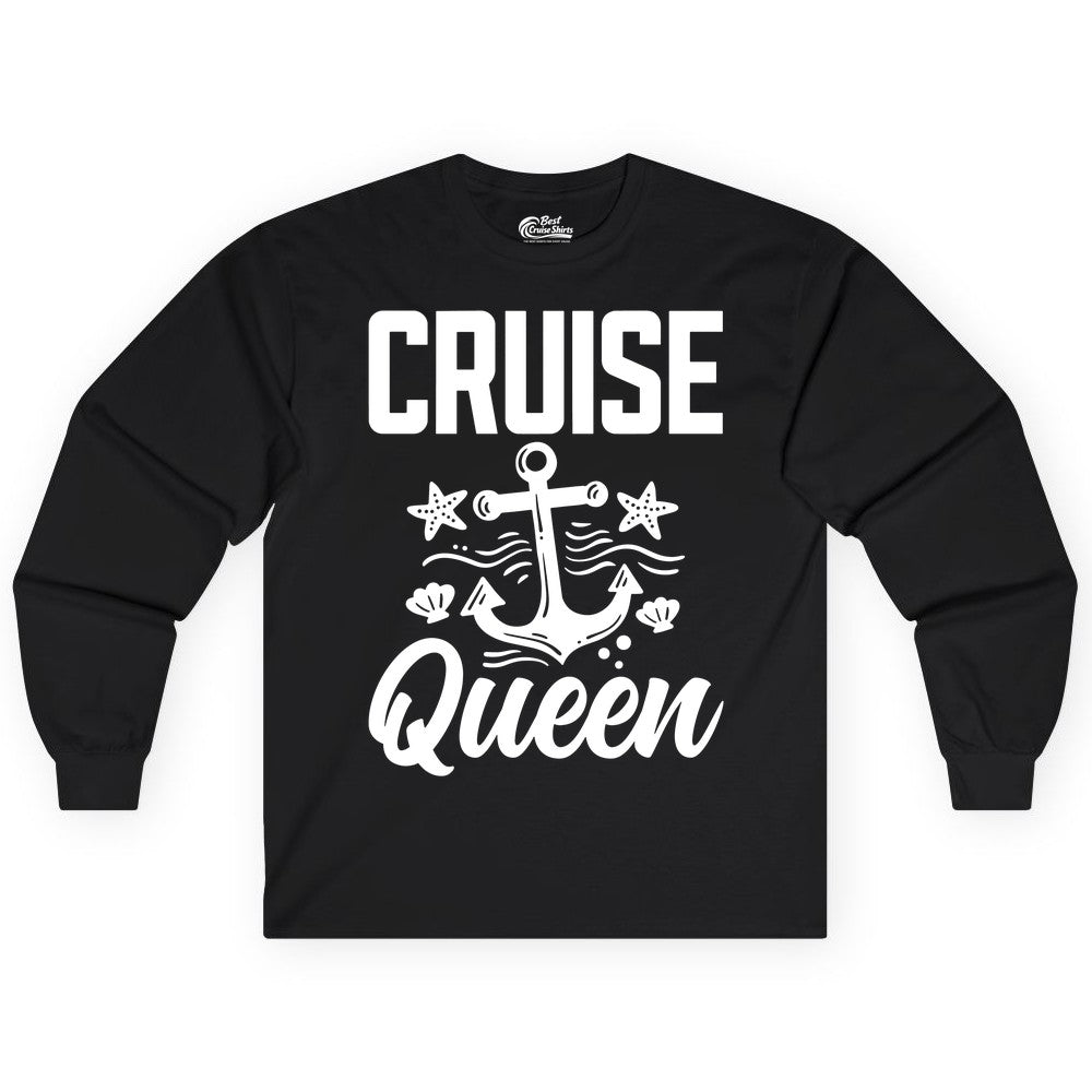 Cruise Queen Shirt - Nautical Anchor & Starfish Fun Cruise Shirt (Long Sleeve) in Black - Cruise Queen Shirt - Nautical Anchor and Starfish Graphic Tee