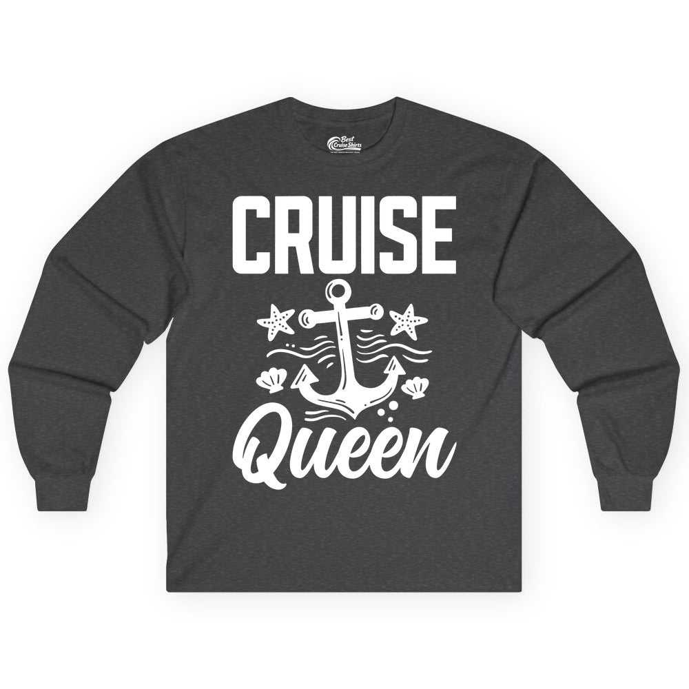 Cruise Queen Shirt - Nautical Anchor & Starfish Fun Cruise Shirt (Long Sleeve) in Dark Heather - Cruise Queen Shirt - Nautical Anchor and Starfish Graphic Tee