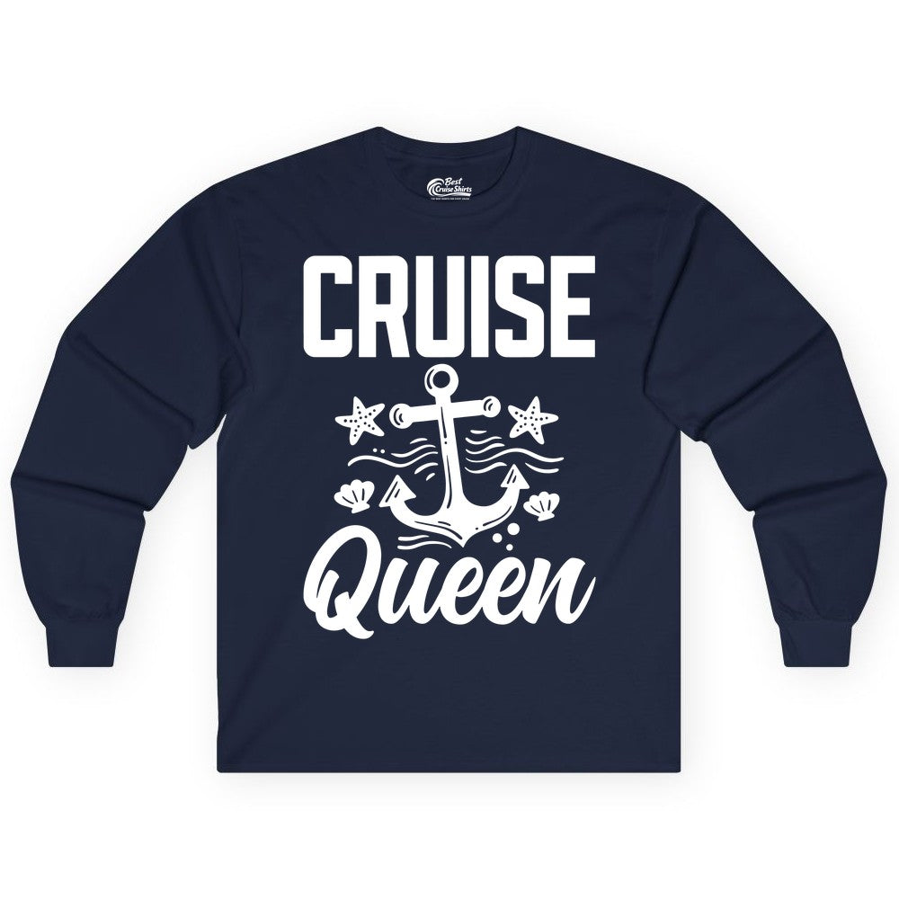 Cruise Queen Shirt - Nautical Anchor & Starfish Fun Cruise Shirt (Long Sleeve) in Navy - Cruise Queen Shirt - Nautical Anchor and Starfish Graphic Tee