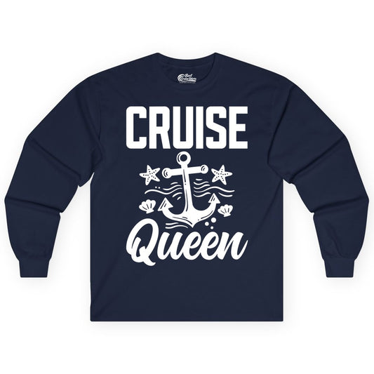 Cruise Queen Shirt - Nautical Anchor & Starfish Fun Cruise Shirt (Long Sleeve) in Navy - Cruise Queen Shirt - Nautical Anchor and Starfish Graphic Tee