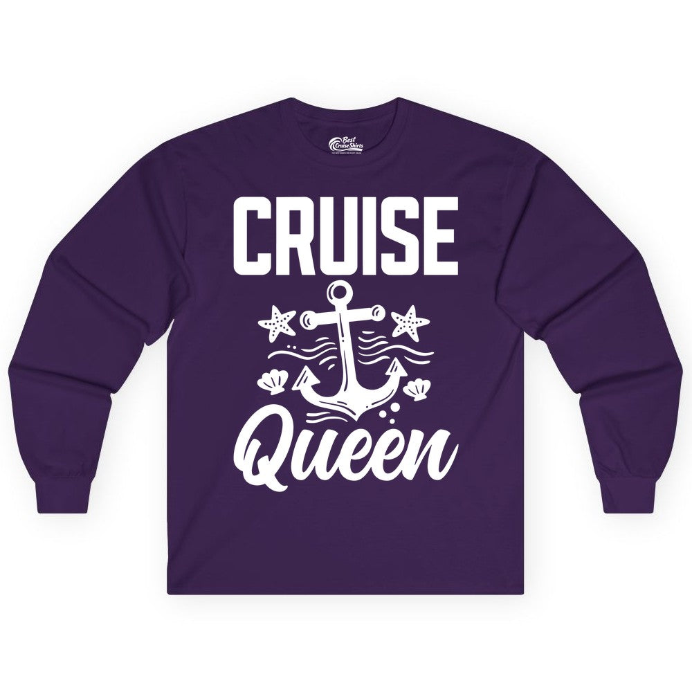 Cruise Queen Shirt - Nautical Anchor & Starfish Fun Cruise Shirt (Long Sleeve) in Purple - Cruise Queen Shirt - Nautical Anchor and Starfish Graphic Tee