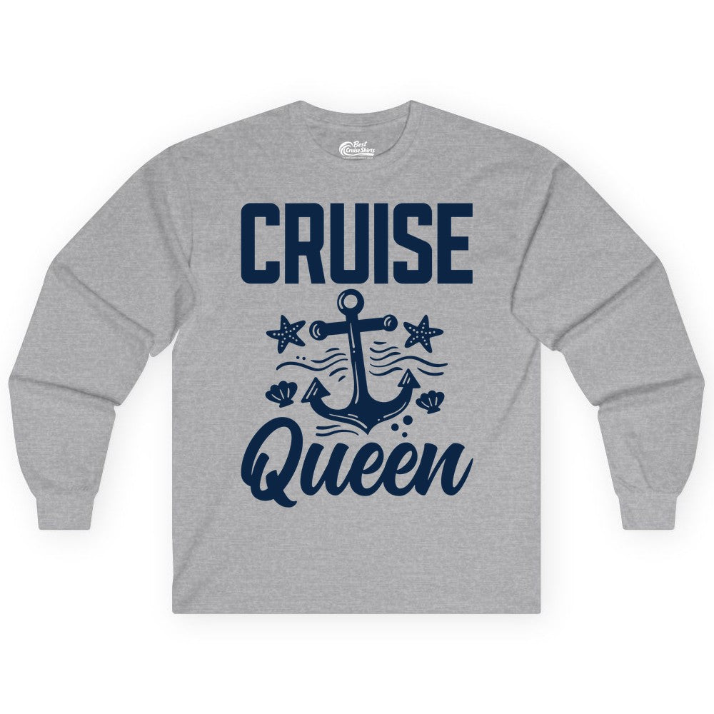 Cruise Queen Shirt - Nautical Anchor & Starfish Fun Cruise Shirt (Long Sleeve) in Sport Grey - Cruise Queen Shirt - Nautical Anchor and Starfish Graphic Tee