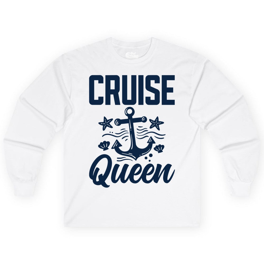 Cruise Queen Shirt - Nautical Anchor & Starfish Fun Cruise Shirt (Long Sleeve) in White - Cruise Queen Shirt - Nautical Anchor and Starfish Graphic Tee