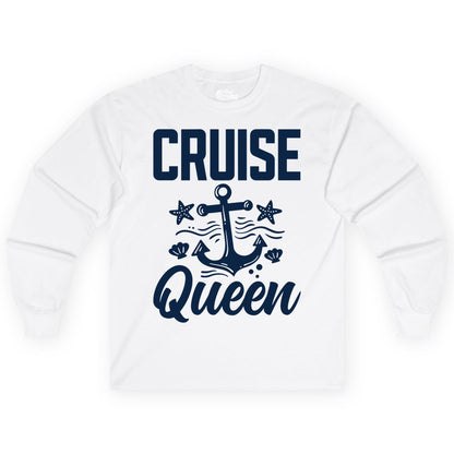 Cruise Queen Shirt - Nautical Anchor & Starfish Fun Cruise Shirt (Long Sleeve) in White - Cruise Queen Shirt - Nautical Anchor and Starfish Graphic Tee
