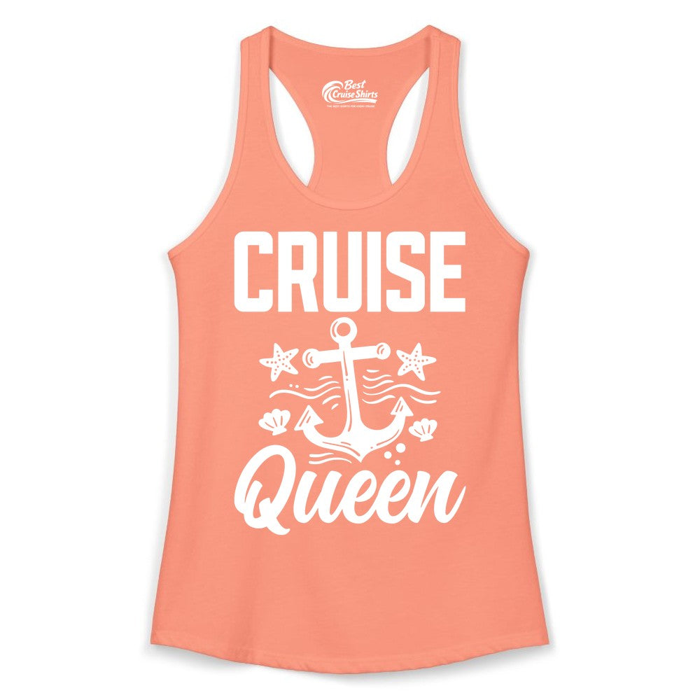 Cruise Queen Shirt - Nautical Anchor & Starfish Fun Cruise Shirt (Ladies Tank) in Solid Light Orange - Cruise Queen Shirt - Nautical Anchor and Starfish Graphic Tee