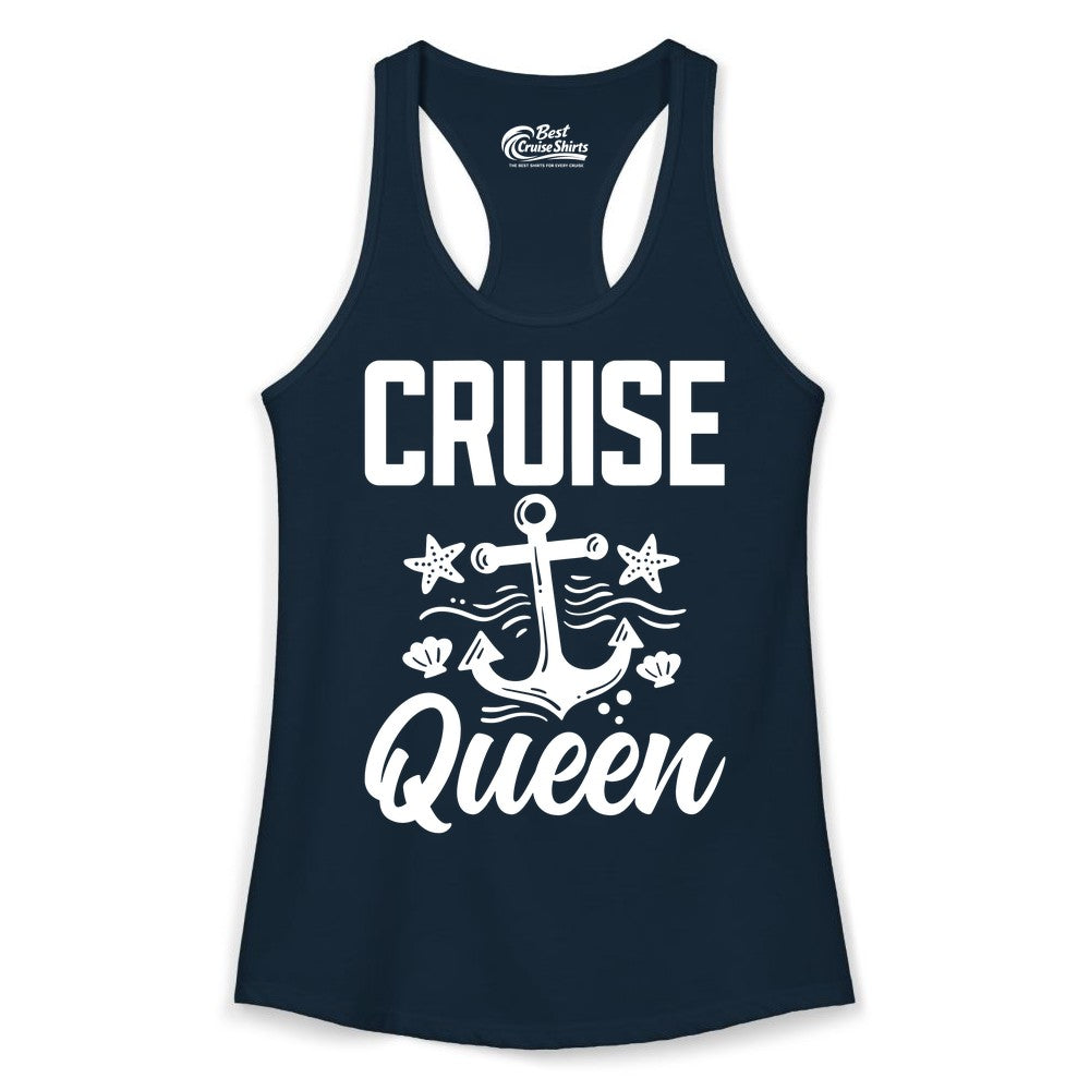 Cruise Queen Shirt - Nautical Anchor & Starfish Fun Cruise Shirt (Ladies Tank) in Solid Midnight Navy - Cruise Queen Shirt - Nautical Anchor and Starfish Graphic Tee