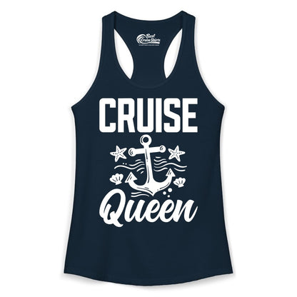 Cruise Queen Shirt - Nautical Anchor & Starfish Fun Cruise Shirt (Ladies Tank) in Solid Midnight Navy - Cruise Queen Shirt - Nautical Anchor and Starfish Graphic Tee