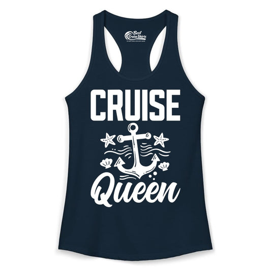 Cruise Queen Shirt - Nautical Anchor & Starfish Fun Cruise Shirt (Ladies Tank) in Solid Midnight Navy - Cruise Queen Shirt - Nautical Anchor and Starfish Graphic Tee