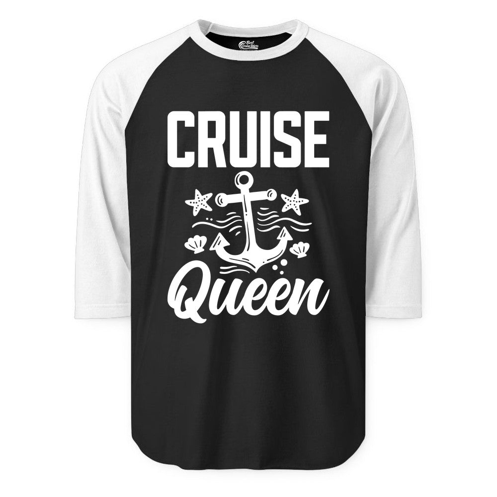 Cruise Queen Shirt - Nautical Anchor & Starfish Fun Cruise Shirt (Raglan) in BlackWhite - Cruise Queen Shirt - Nautical Anchor and Starfish Graphic Tee
